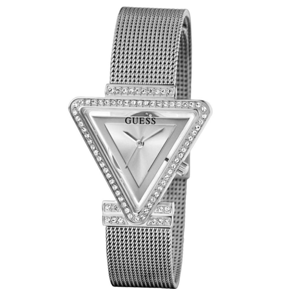 GUESS Fame Silver Rhinestone Quartz Triangle Mesh Wristwatch